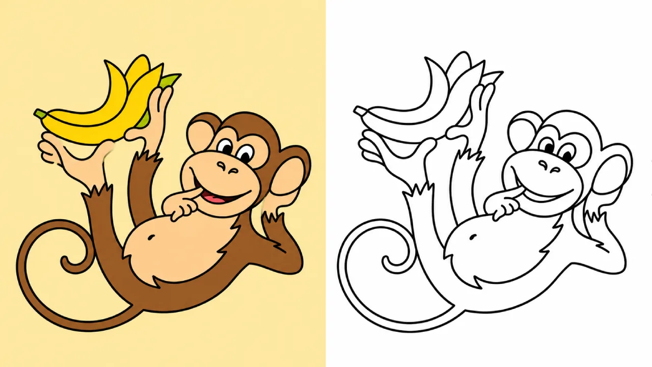 Affe hält mehrere Bananen mit den Füßen fest