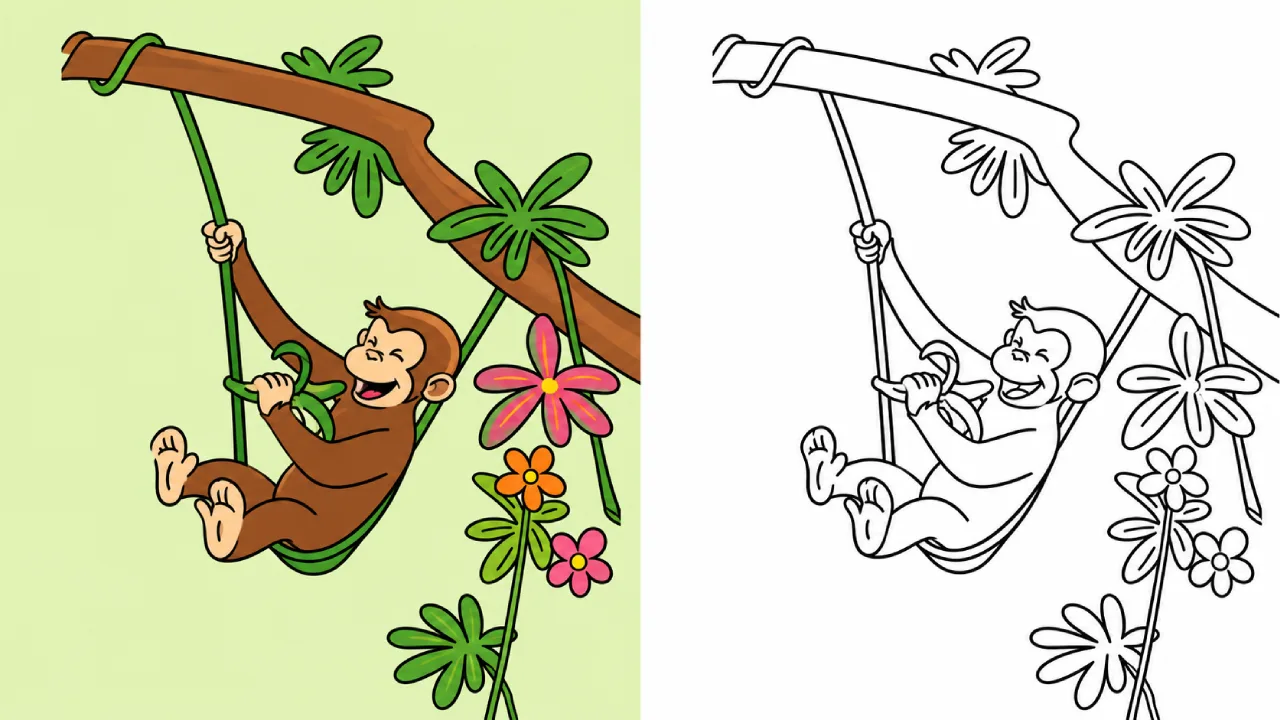 Affe schwingt auf einem Ast und isst eine Banane