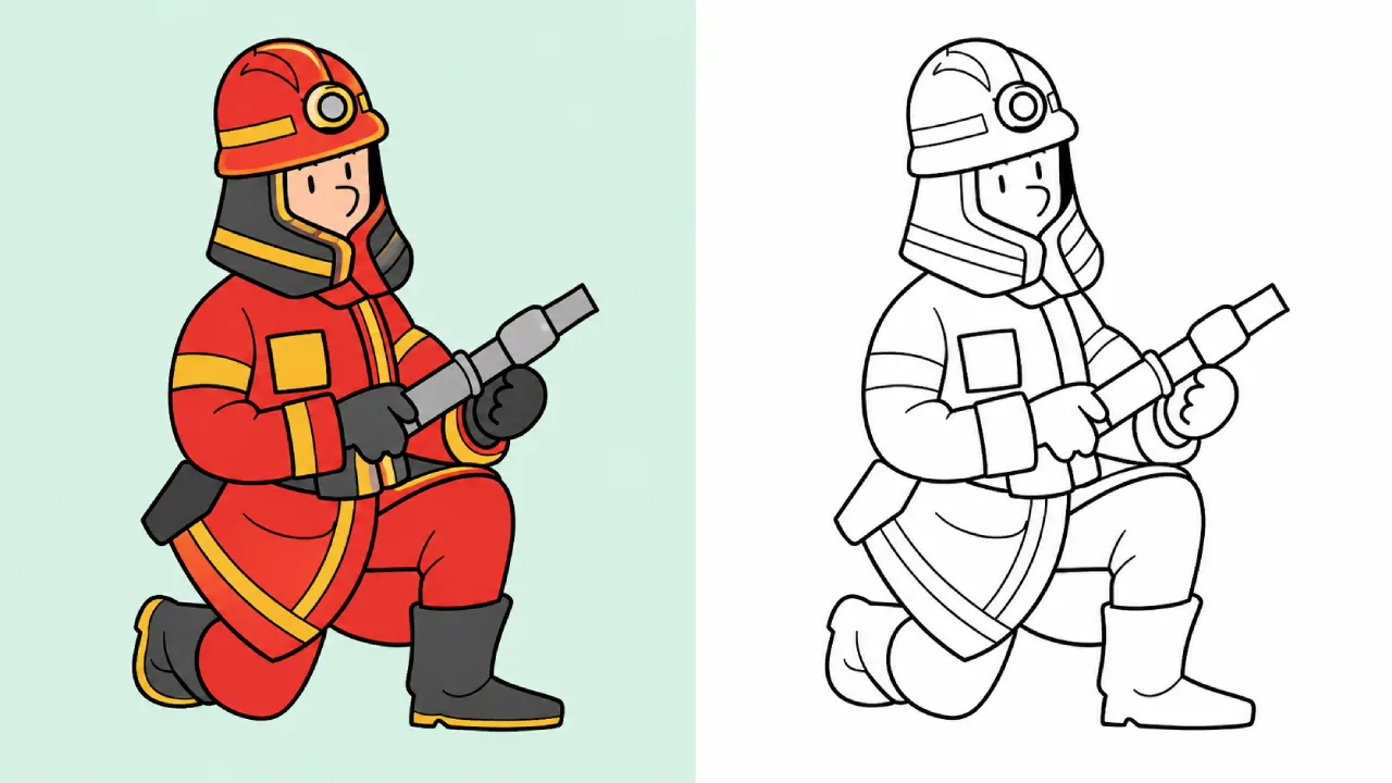 Feuerwehrmann in Position zum Löschen eines Brandes