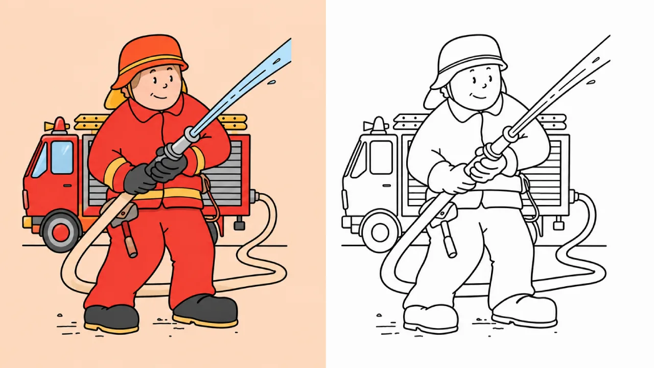 Feuerwehrmann löscht einen Brand mit Hilfe eines Feuerwehrautos