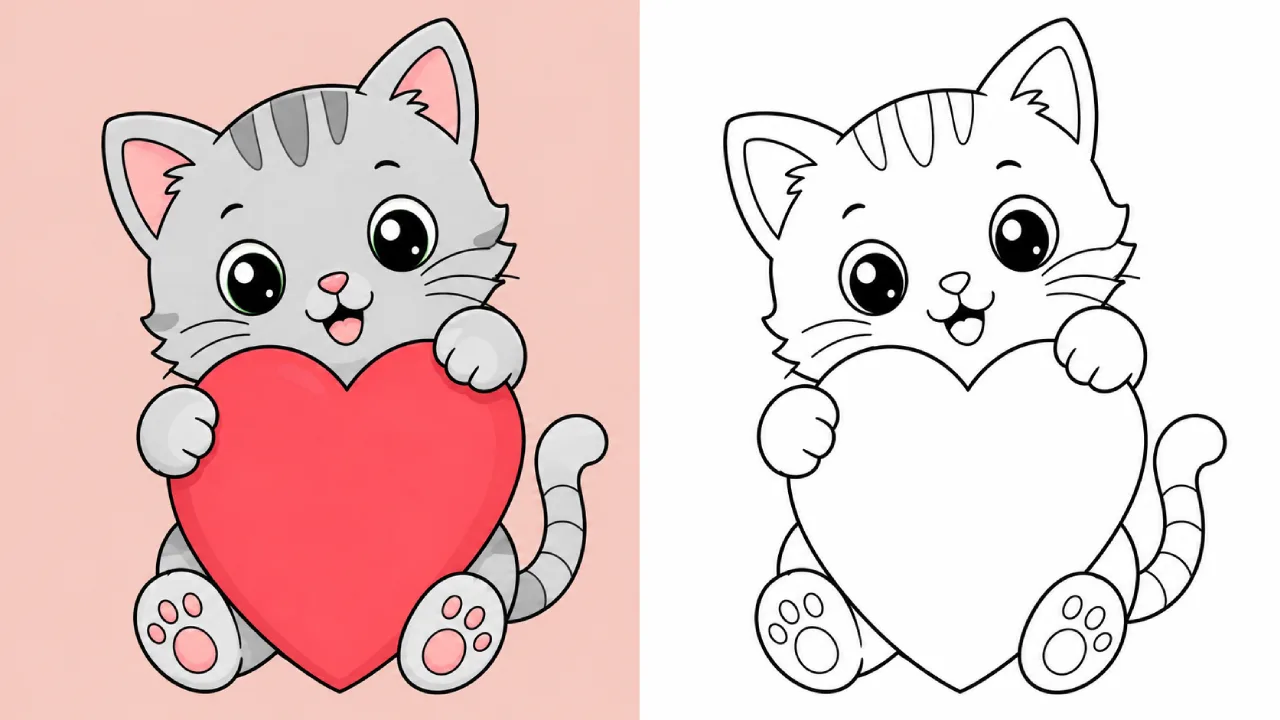 Kleine Katze umarmt ein Herz