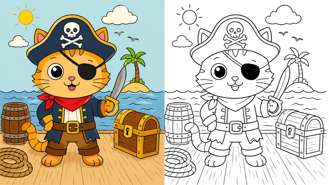 Piratenkatze auf einem Schiff mit einem Schatz